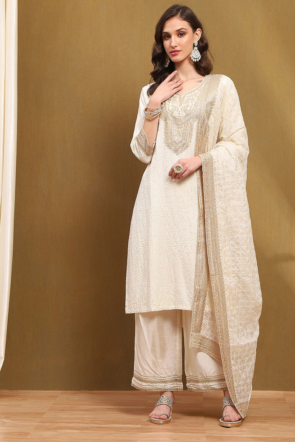 Off-White Silk Embroidered Festive Straight Suit Set image number 6