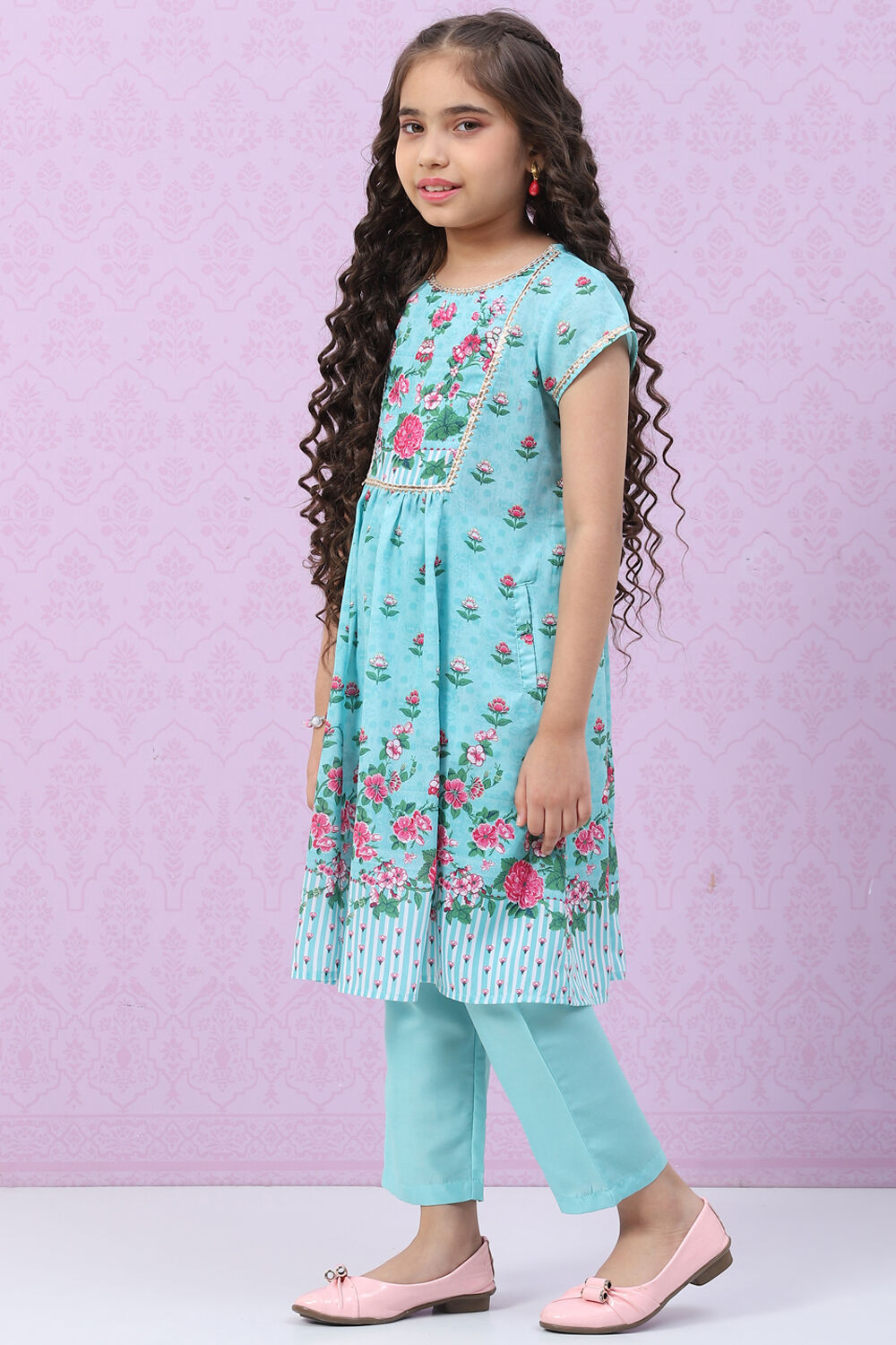 Sky Blue Art Silk Straight Printed Kurta Set image number 3