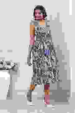 Blue Cotton Printed Kalidar Flared Dress image number 4