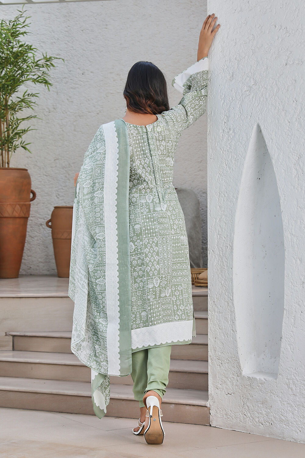 Green Cotton Blend Digital Print Unstitched Suit Set  image number 4