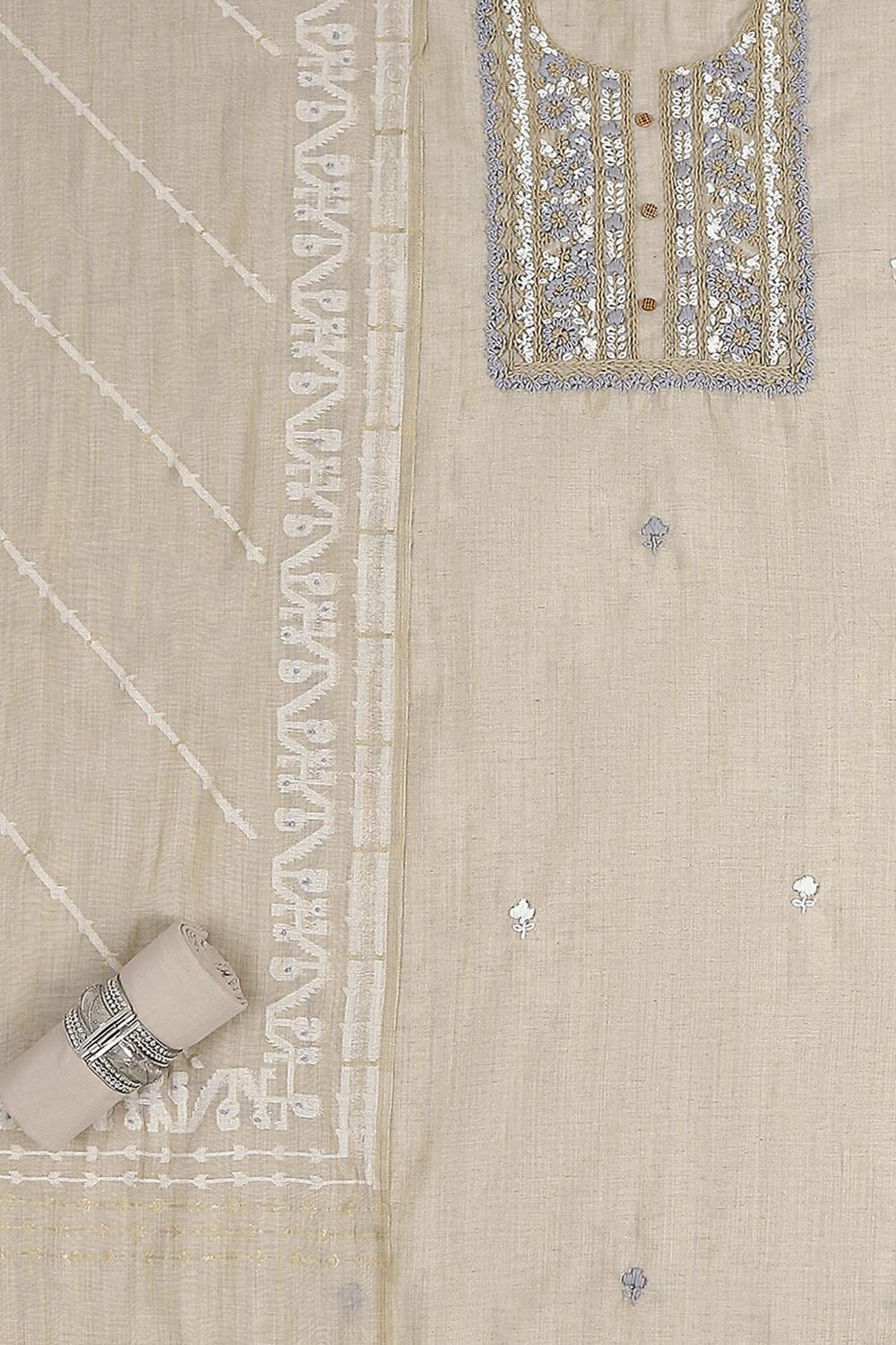 Beige Cotton Printed Embroidered Unstitched Suit Set image number 1