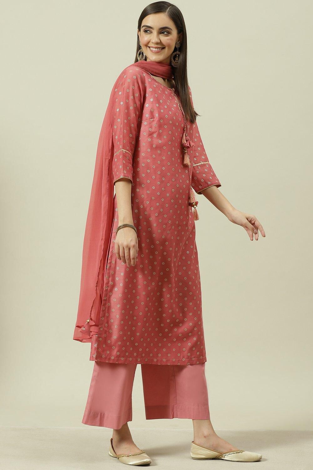 Dusky Pink Printed Straight Kurta Palazzo Suit Set image number 5