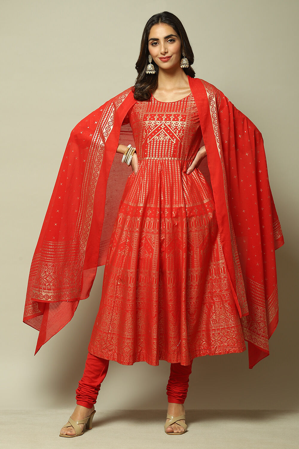 Teal Cotton Anarkali Kurta Churidar Suit Set image number 0
