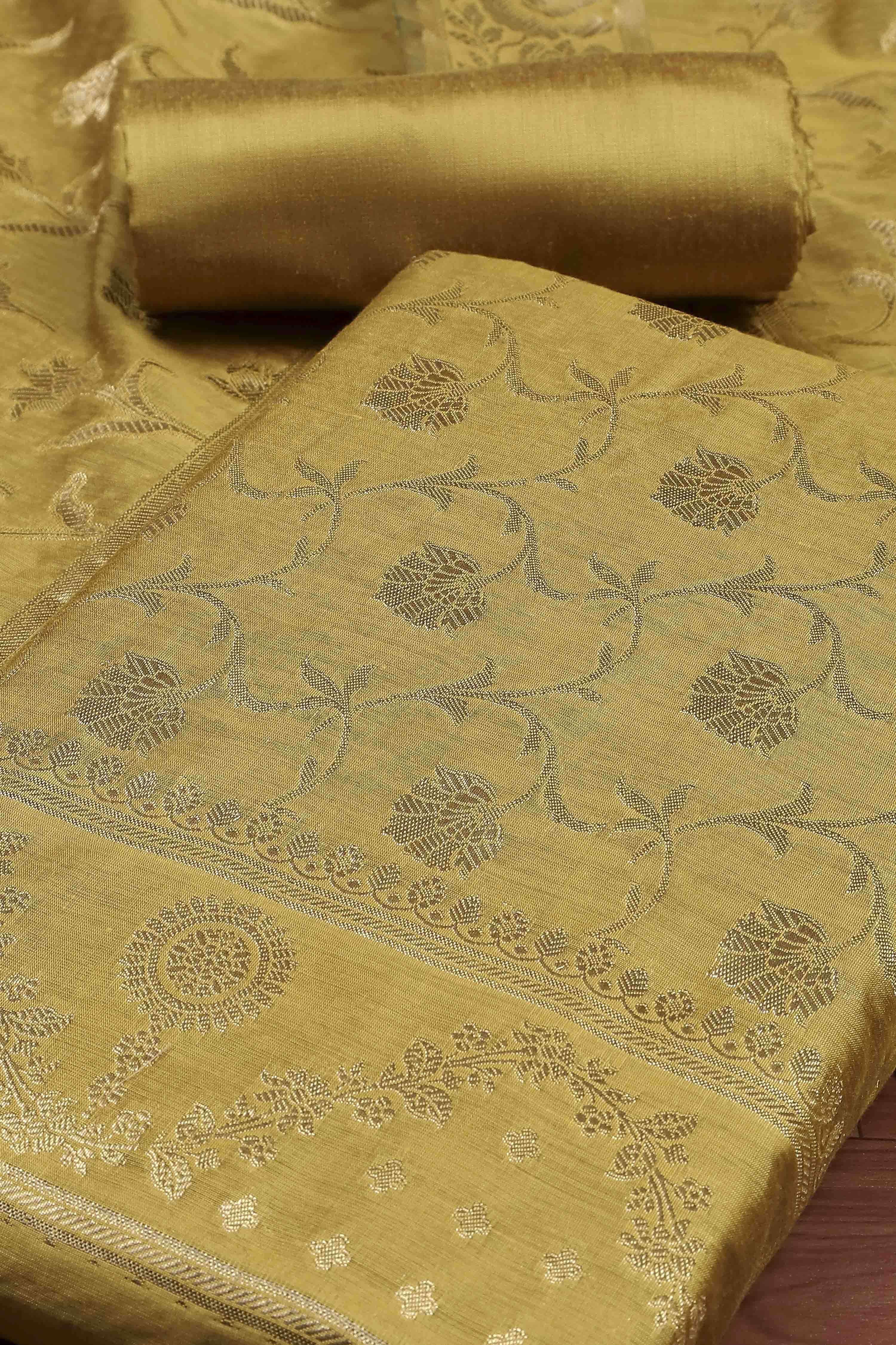 Yellow Banarasi Chanderi Banarasi Print Unstitched Suit Set image number 1