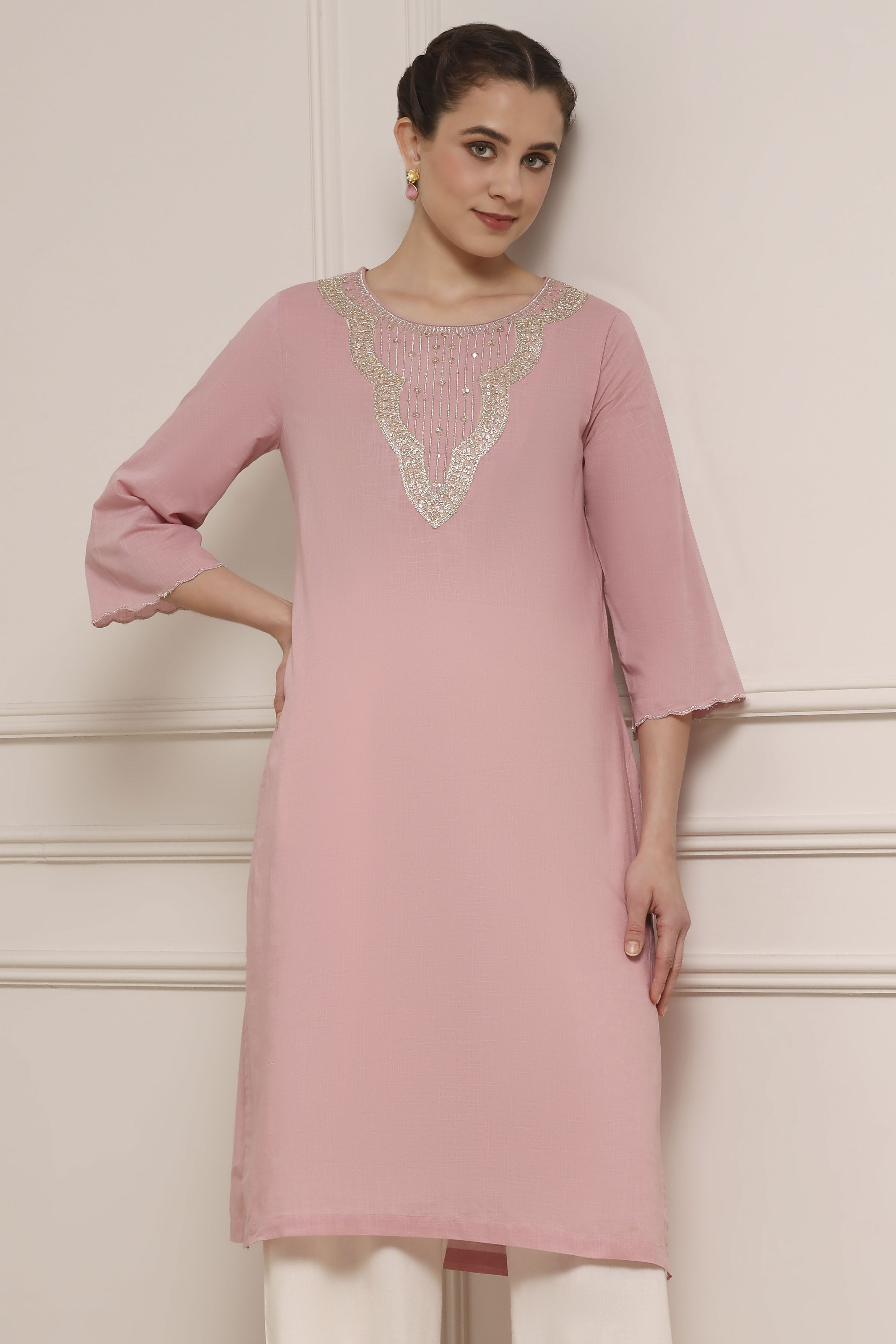 Blue Cotton Solid Straight Kurta image number 5