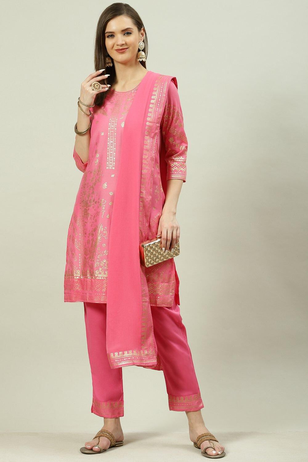 Pink Printed Straight Kurta Slim Pant Suit Set image number 0