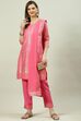 Pink Printed Straight Kurta Slim Pant Suit Set image number 0