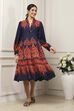 Navy Blue Viscose Rayon Ethnic Motif Printed Flared Dress