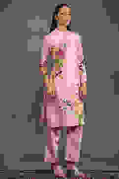 Rohit Bal Light Pink Silk Chanderi Floral Straight Kurta Set image number 4