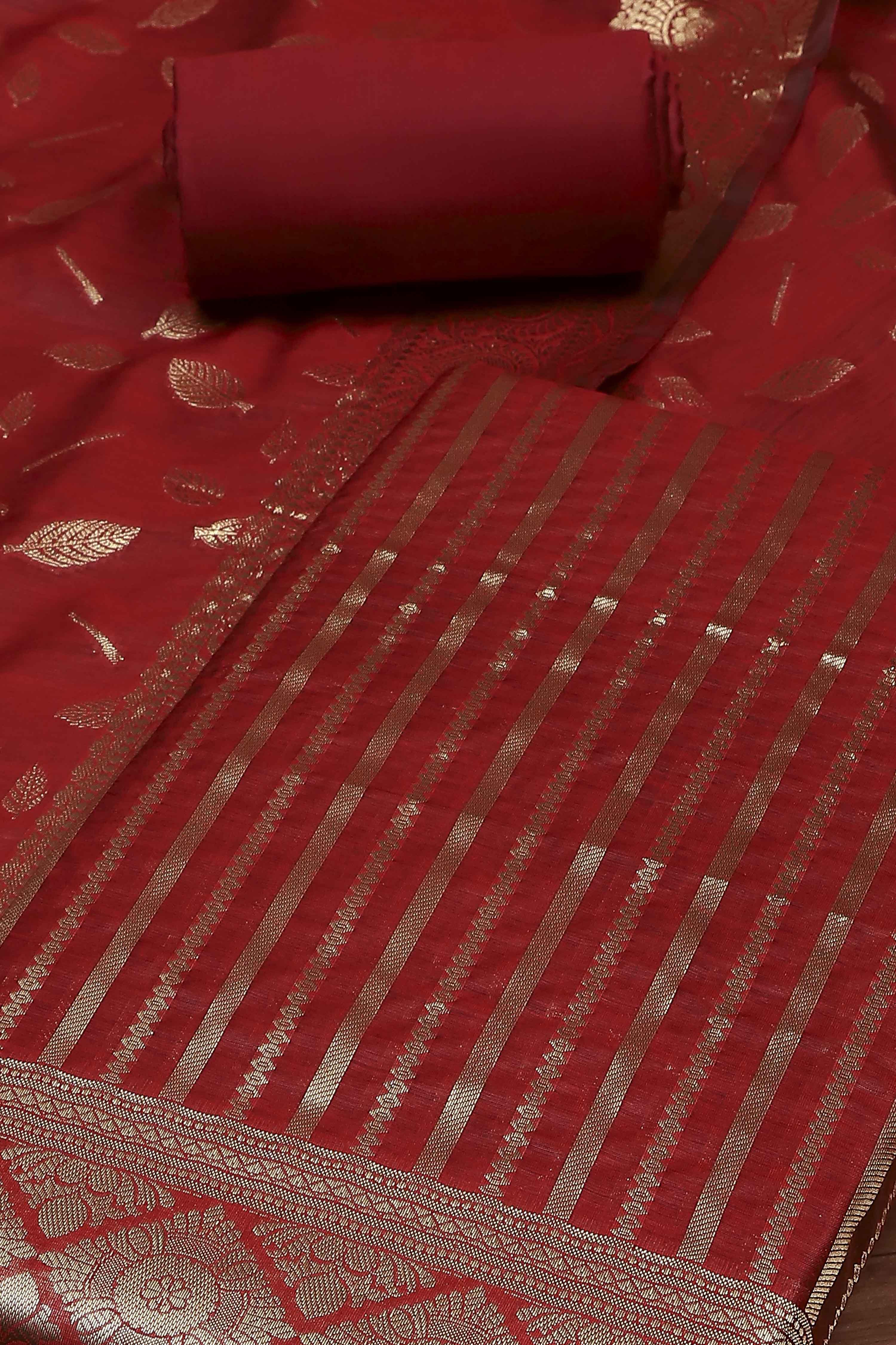 Maroon Banarasi Chanderi Banarasi Print Unstitched Suit Set image number 1