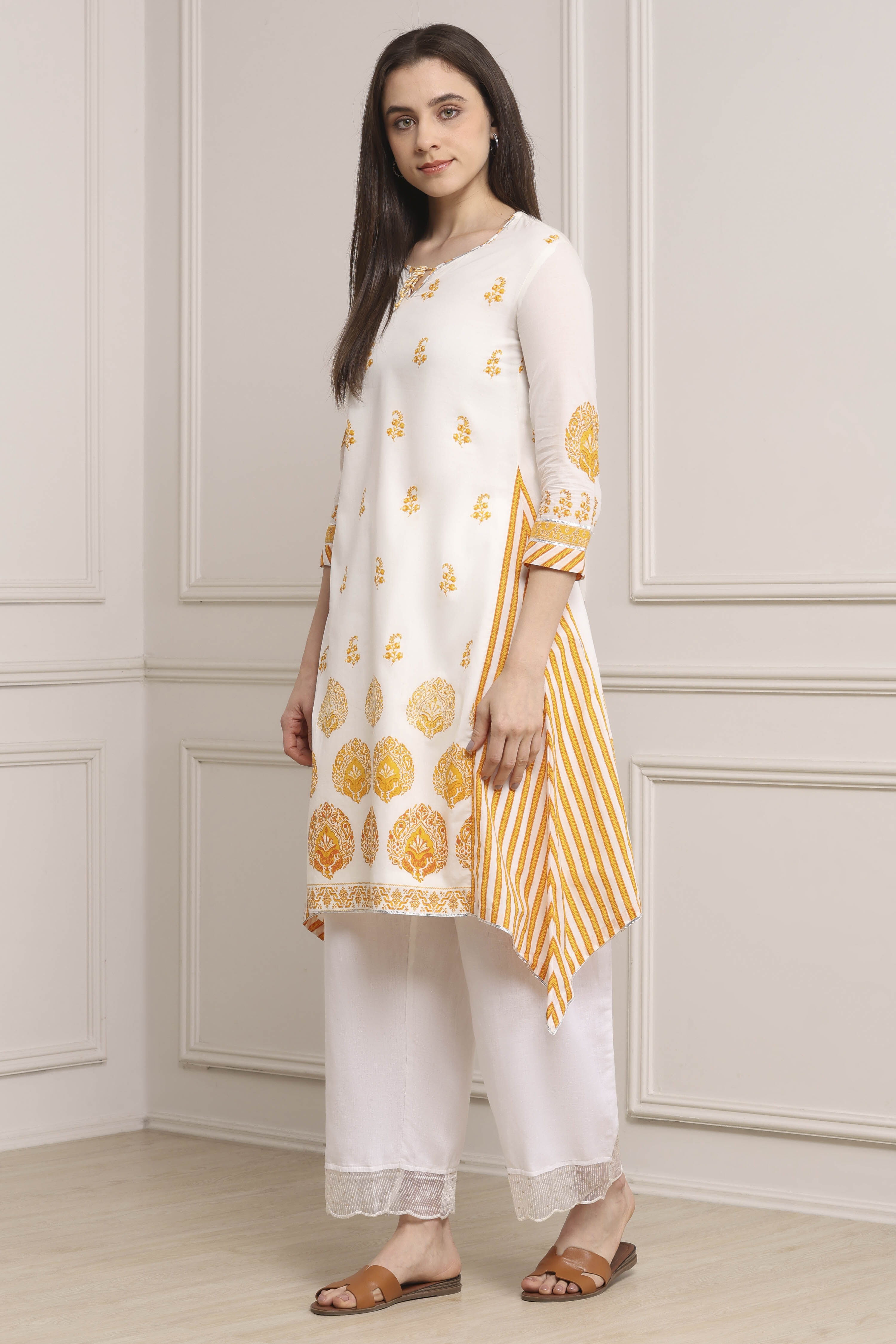 White-Yellow Cotton A-Line Kurta Pants Set image number 3