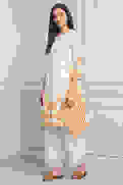 White-Yellow Cotton A-Line Kurta Pants Set image number 3