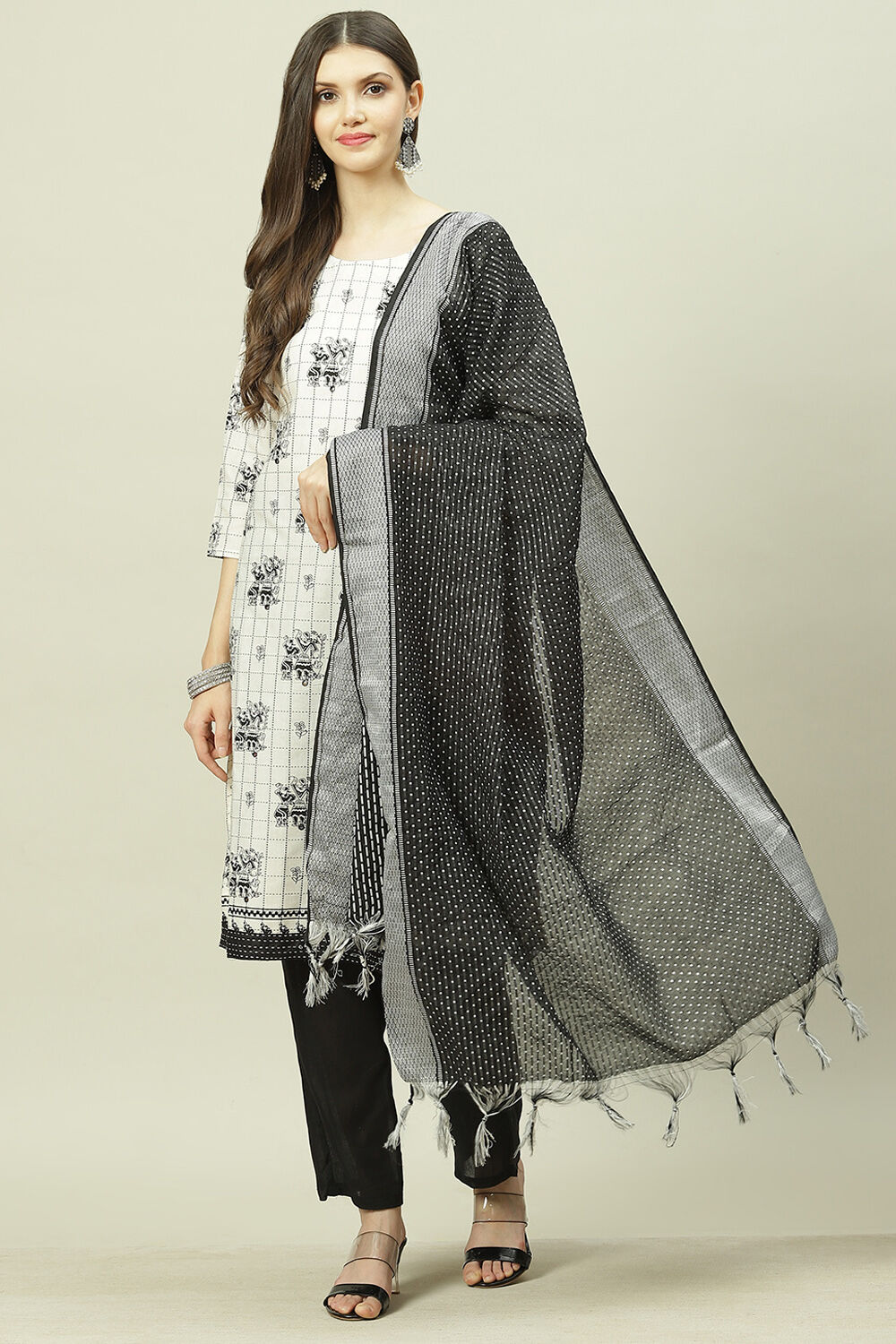 White Cotton Machine Embroidered Unstitched Suit Set image number 0