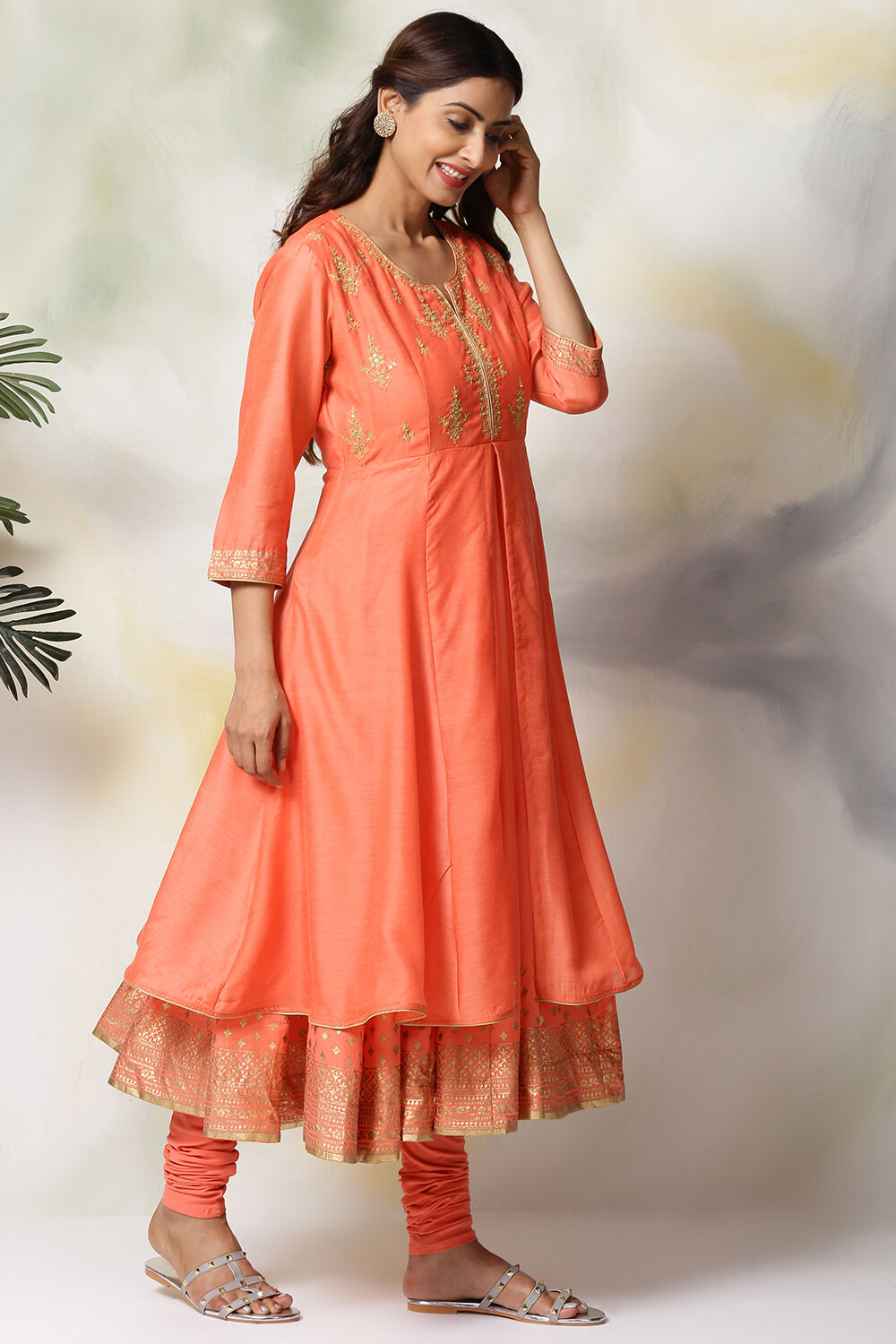 Coral Cotton Blend Anarkali Kurta Churidar Suit Set image number 5