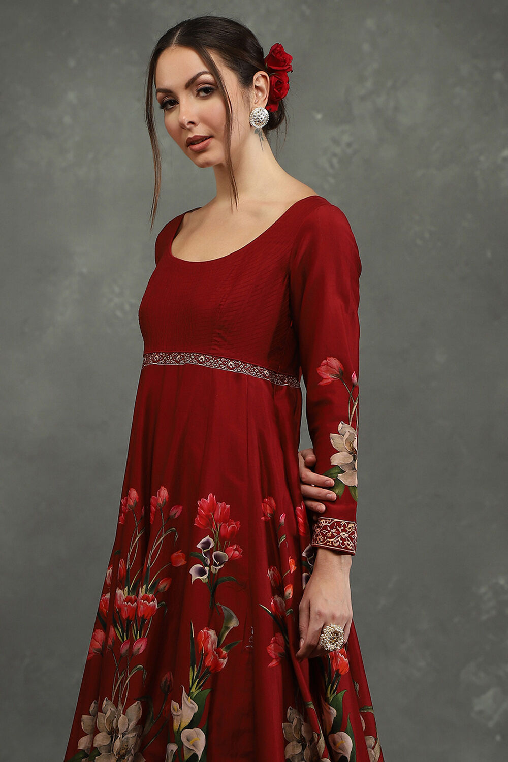 Maroon Silk Chanderi Floral Anarkali Suit Set image number 1