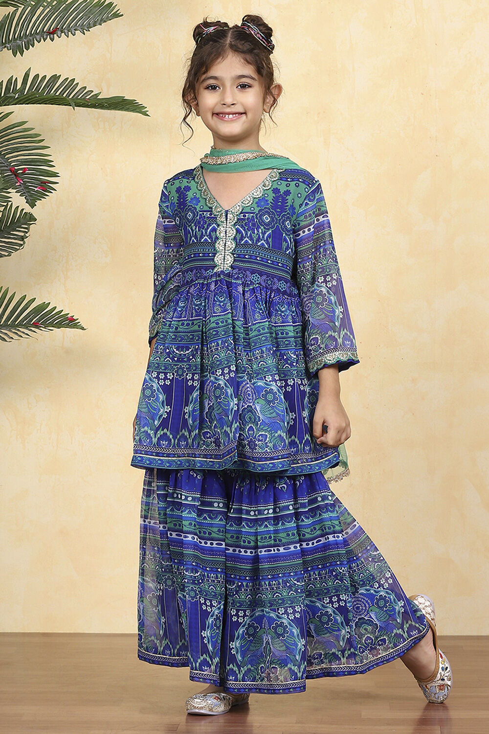 Blue Polyester Printed Gathered Sharara Suit Set image number 0