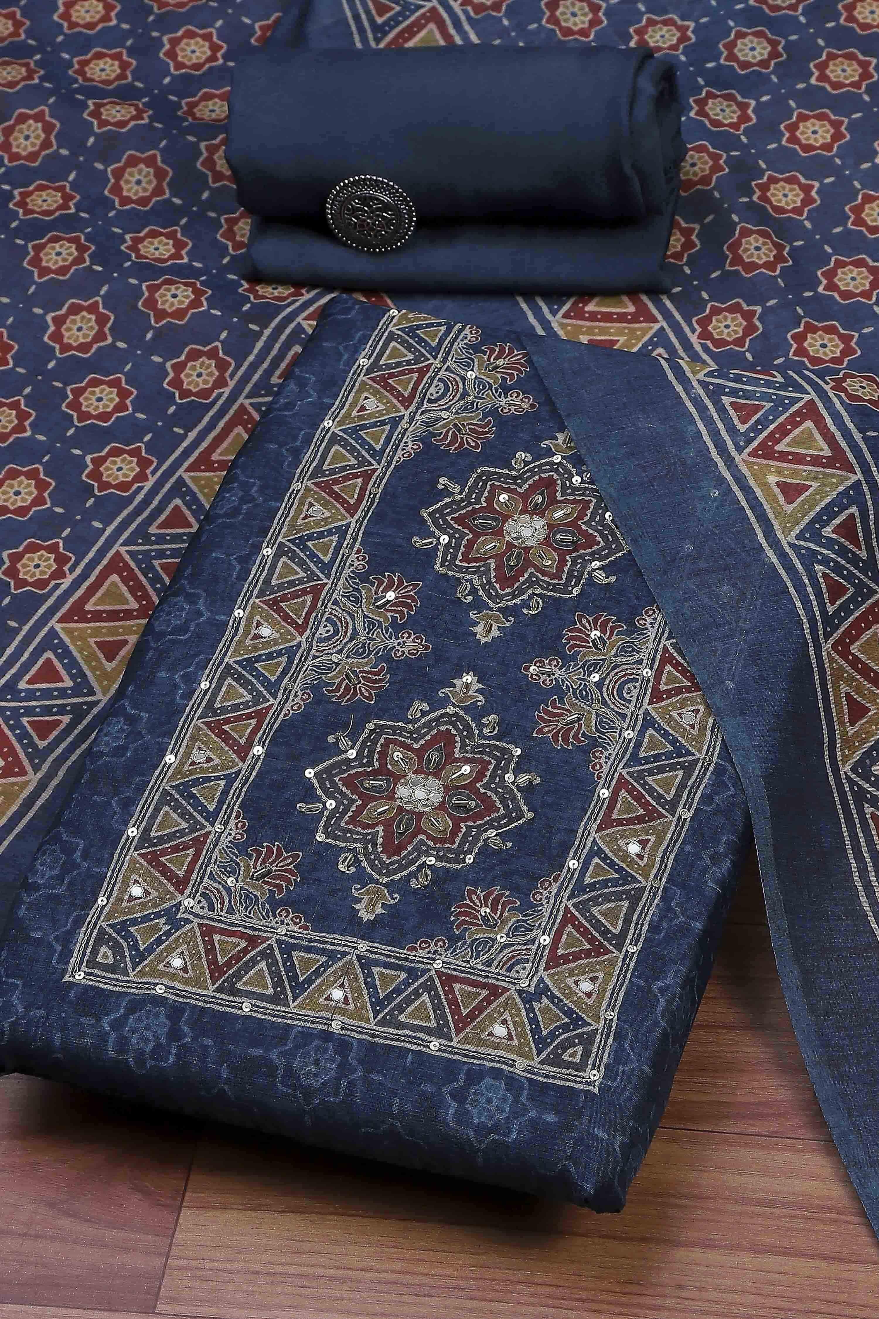 Grey Chanderi Rajasthani Print Unstitched Suit Set image number 0