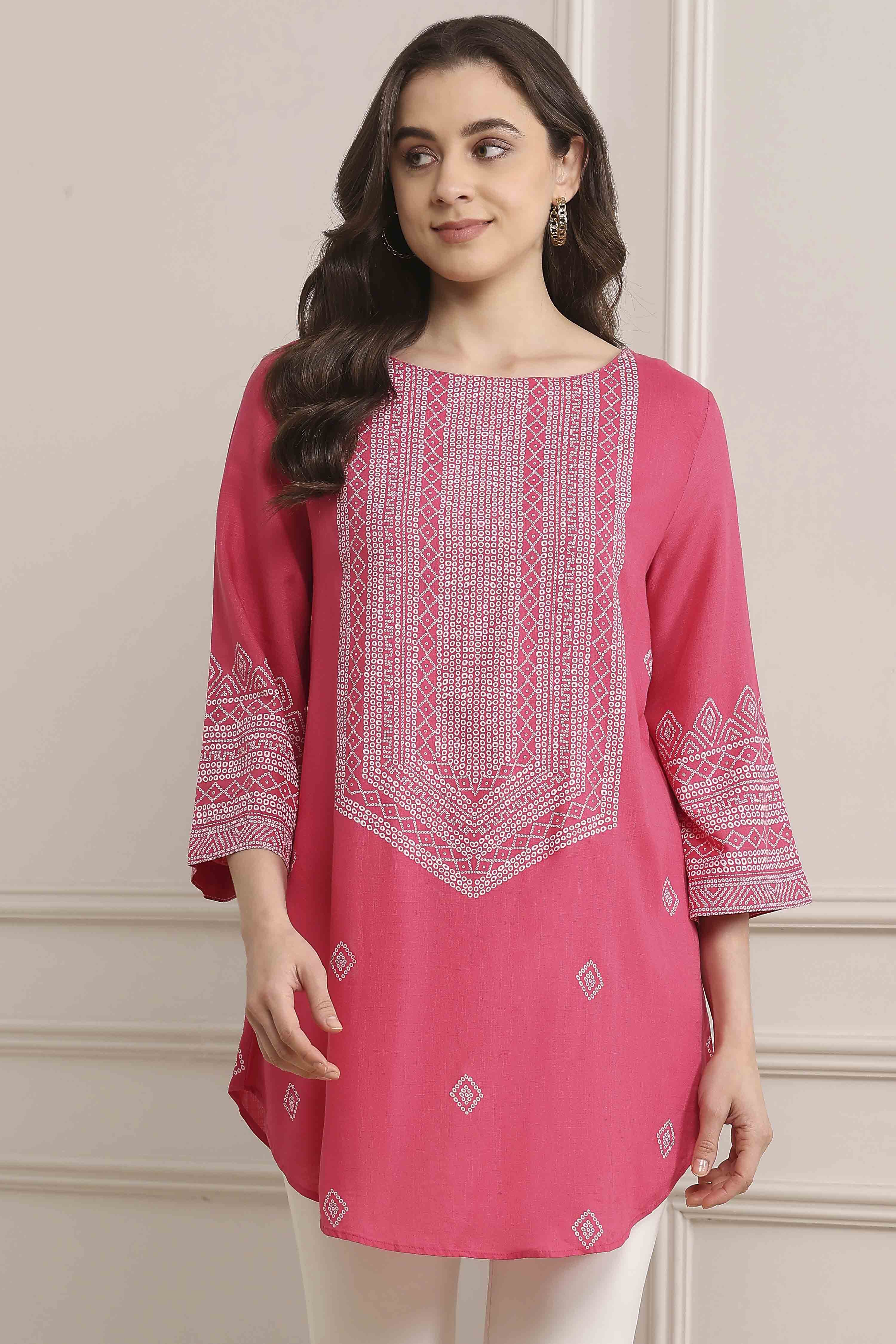 Pink Printed Short Kurta image number 0