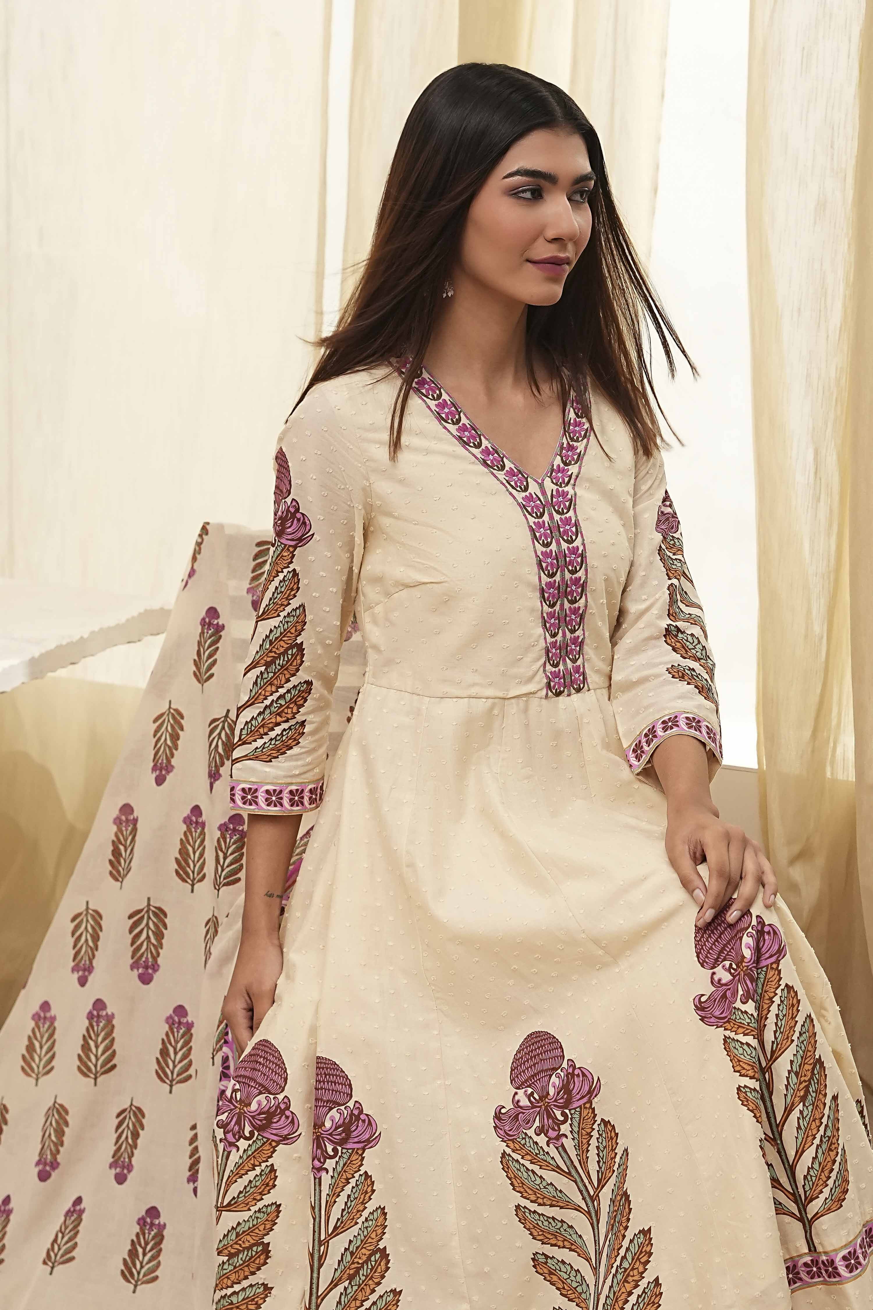 Beige Cotton Printed Anarkali Suit Set image number 7