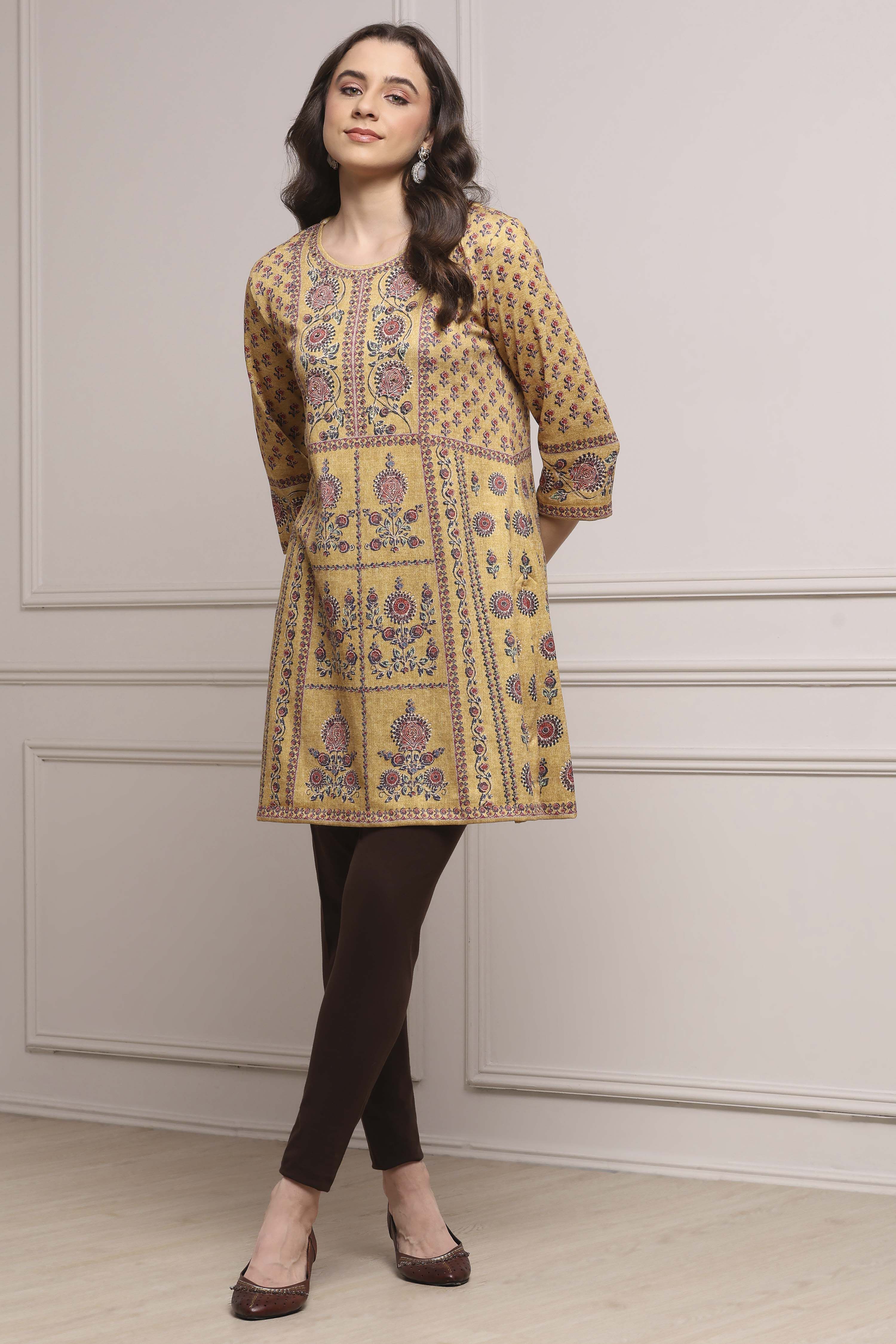 Mustard Yellow Blended Printed Kurta image number 0