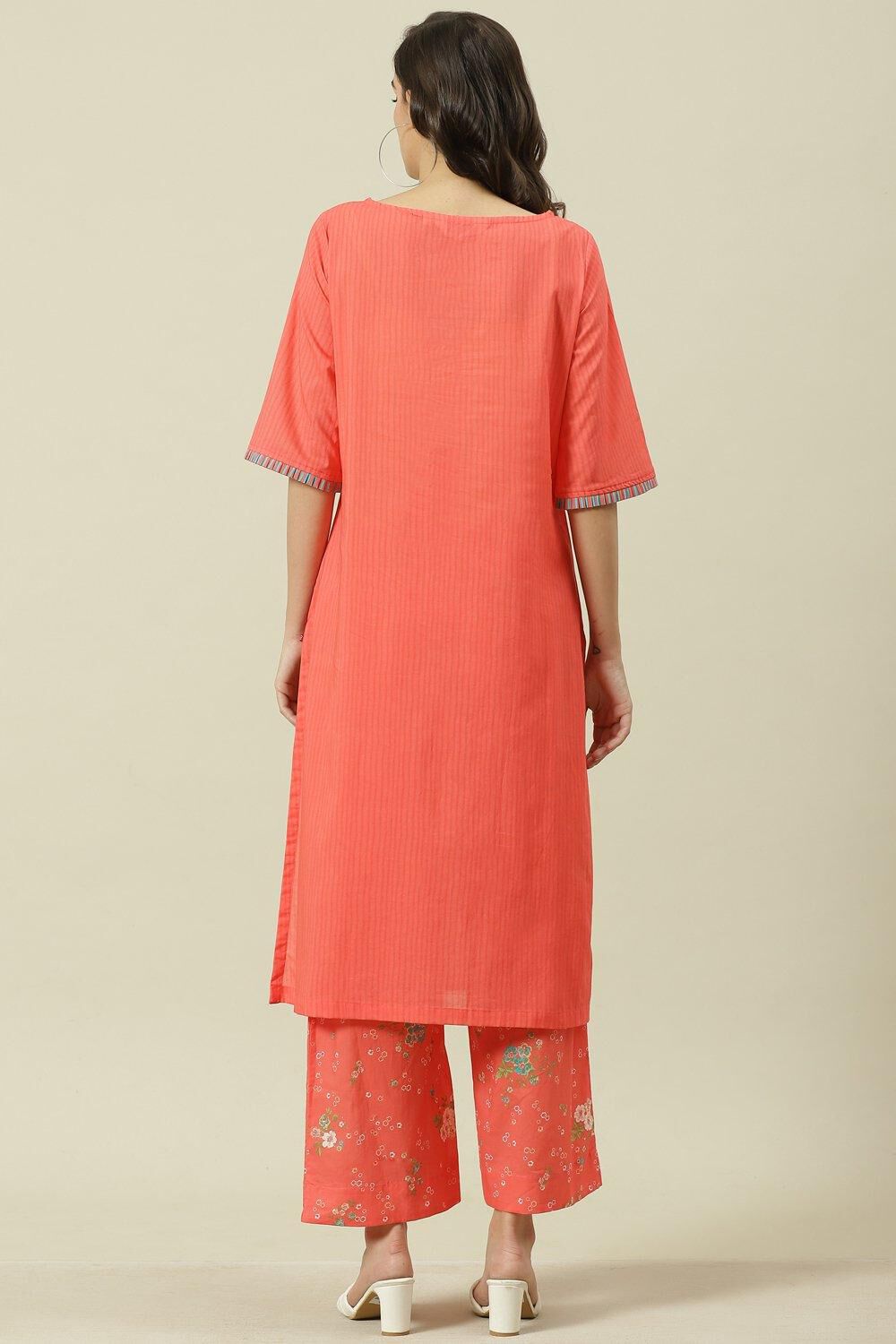 Coral Printed Cotton Straight Kurta Palazzo Suit Set image number 4