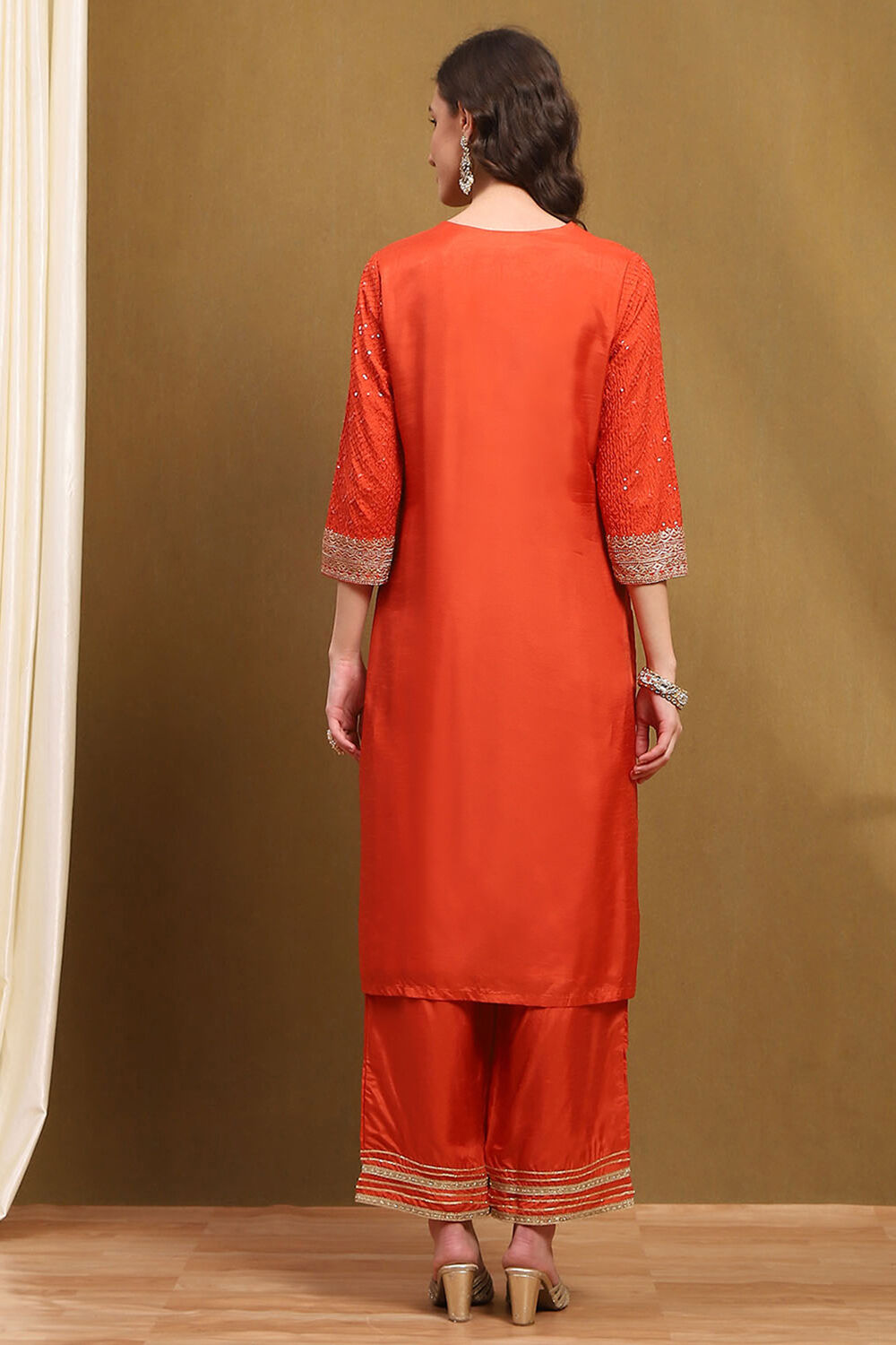 Orange Silk Embroidered Festive Straight Suit Set image number 4