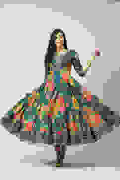 Teal Cotton Flared Fusion Printed Dress image number 6