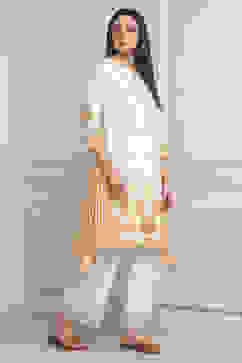 White-Yellow Cotton A-Line Kurta Pants Set image number 5