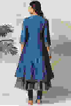 Blue Cotton Blend Anarkali Kurta Churidar Suit Set image number 4