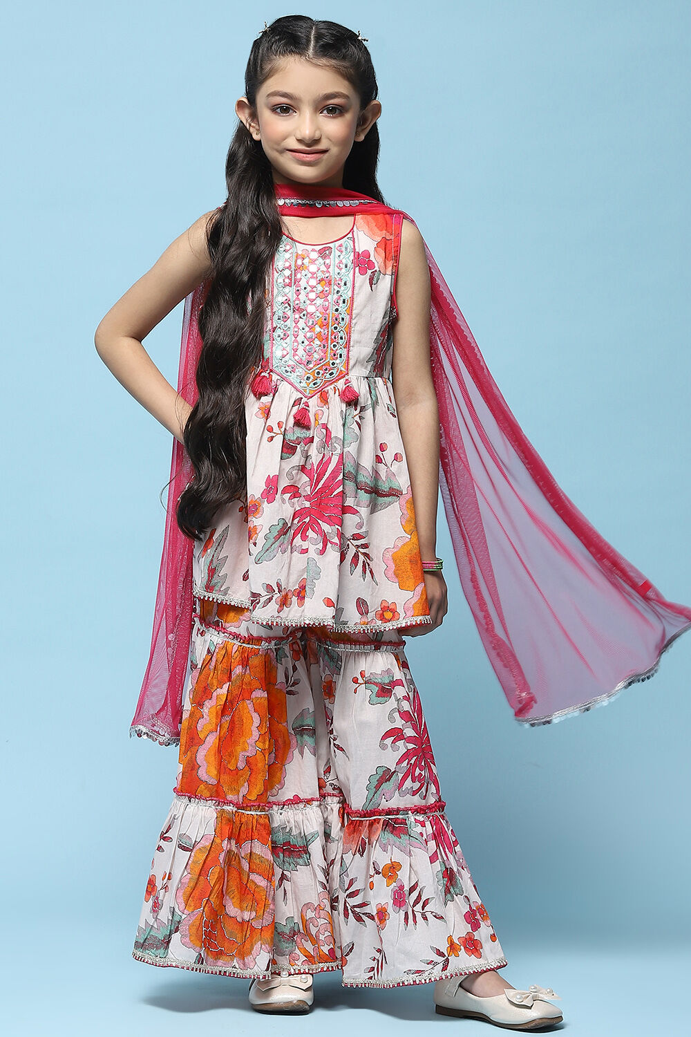 Off White Peplum Kurta With Sharara & Net Dupatta. image number 0