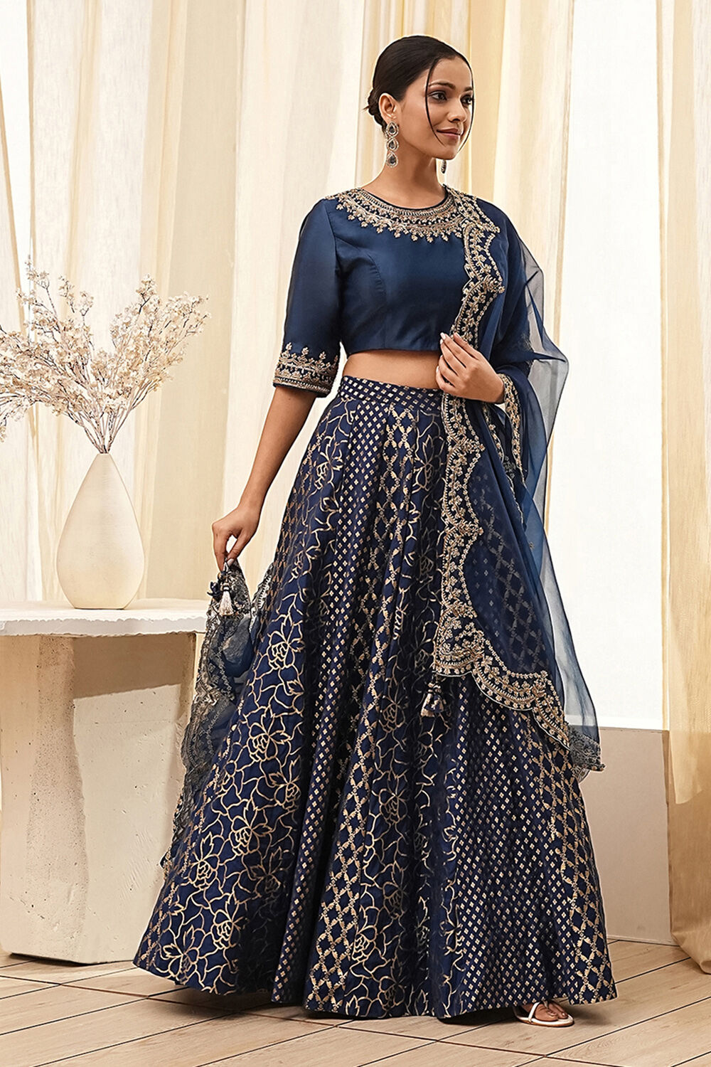Blue Embroidered Festive Lehenga Set image number 5