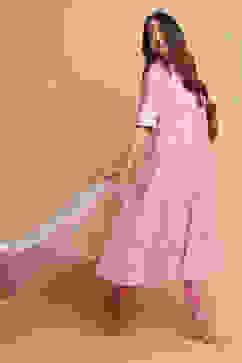 Light Pink Cotton Flared Kurta Churidar Suit Set image number 7