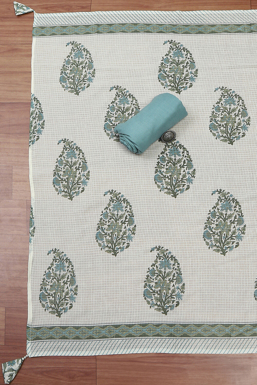 White Cotton Printed Unstitched Kurta Set image number 3