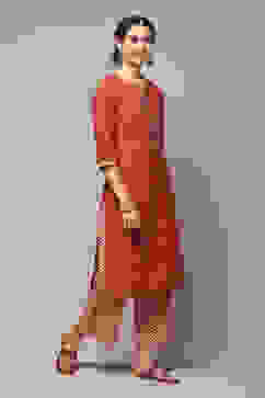 Red Cotton Straight Kurta Palazzo Suit Set image number 5