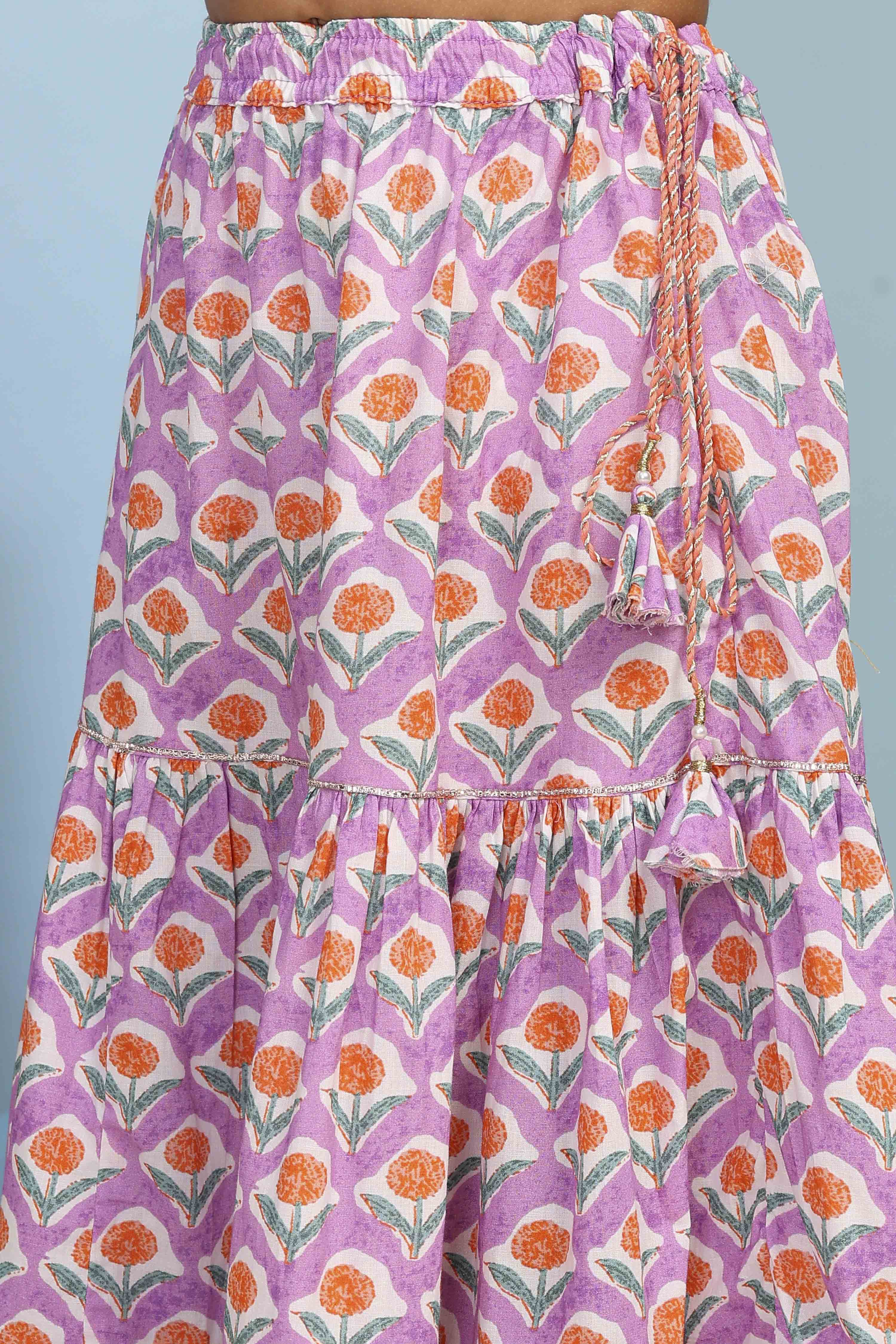 Lilac Cotton Printed Straight Lehenga Set image number 2