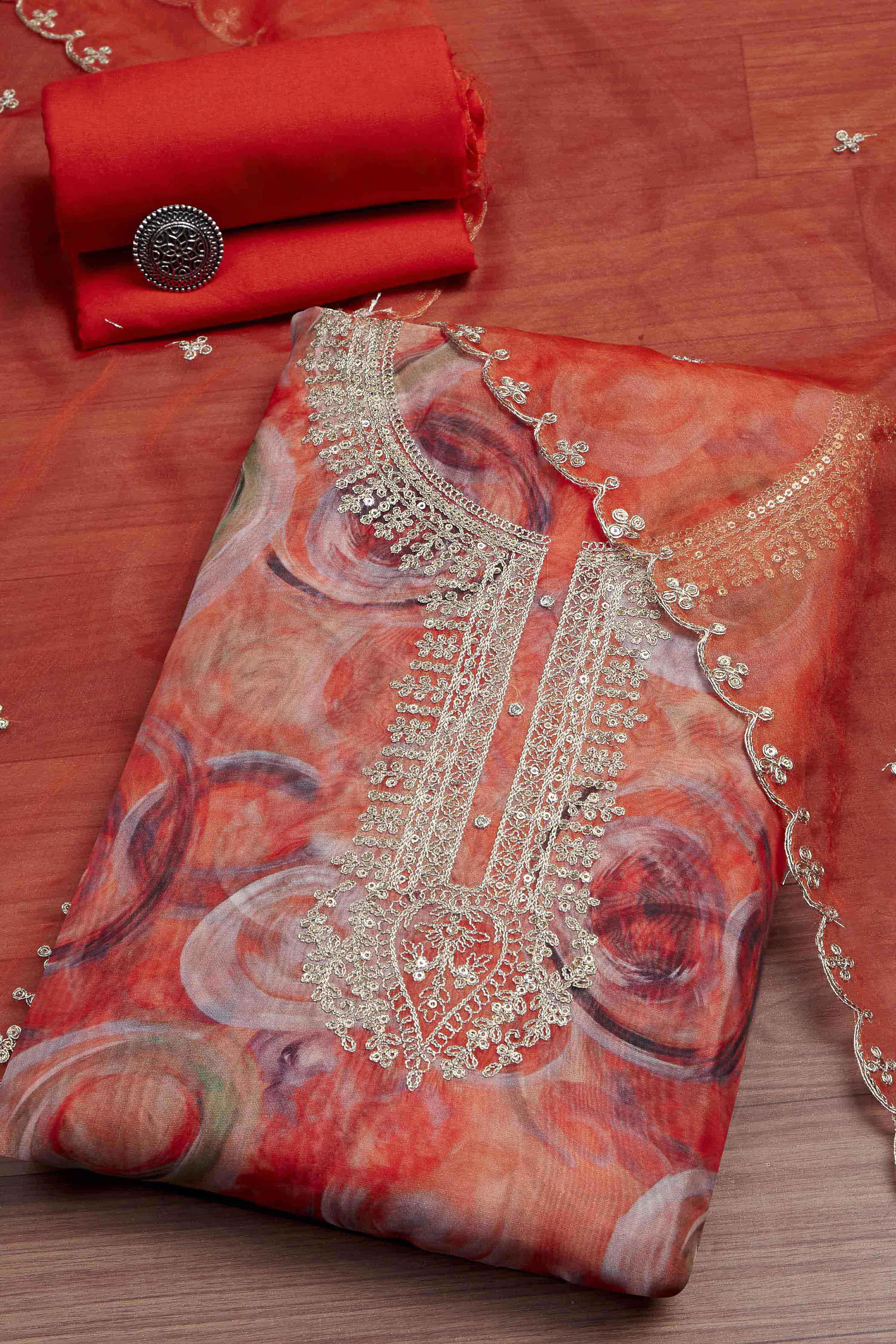 Peach-Colored Organza Rajasthani Print Unstitched Suit Set image number 0