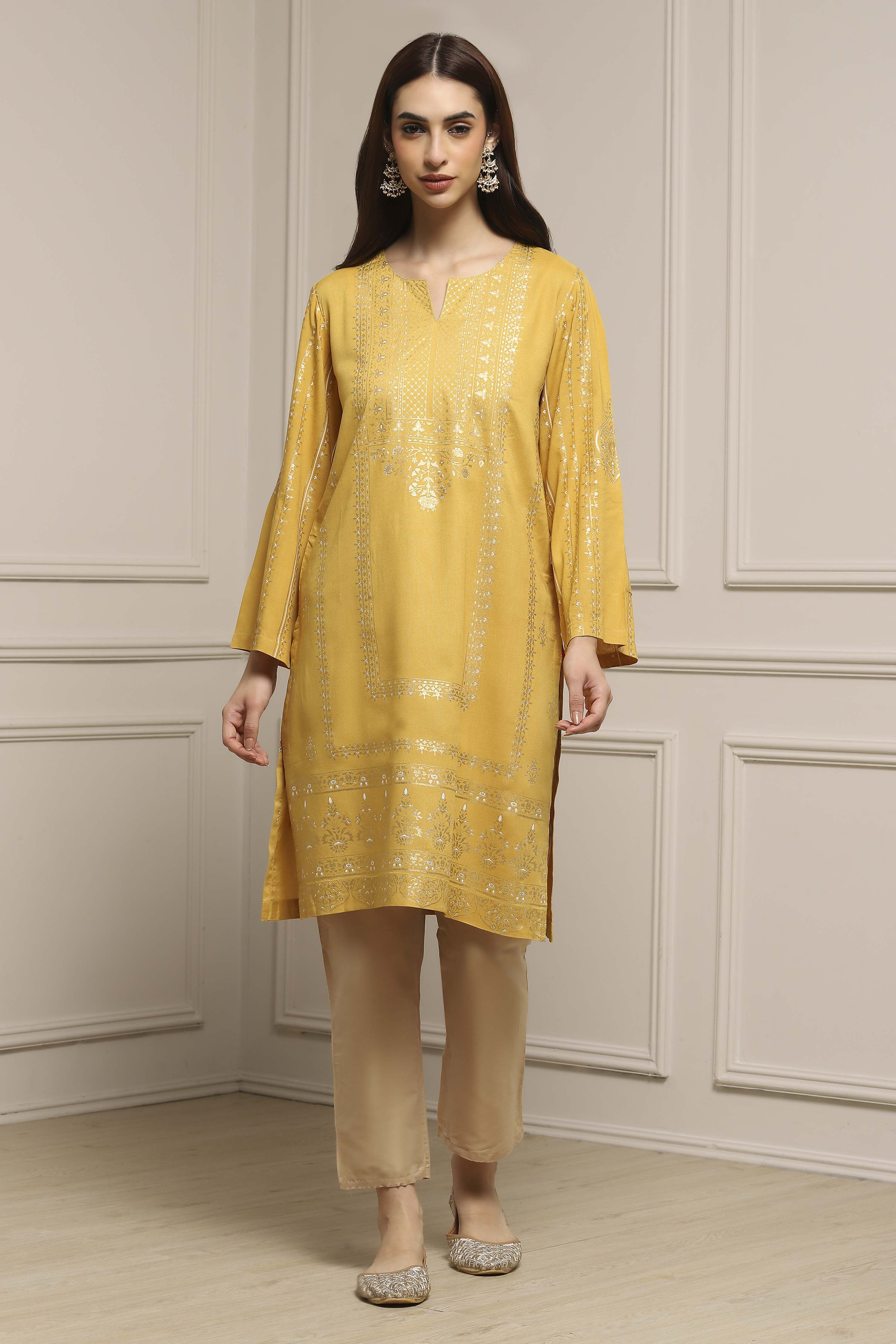 Yellow Rayon Straight Printed Kurta image number 5