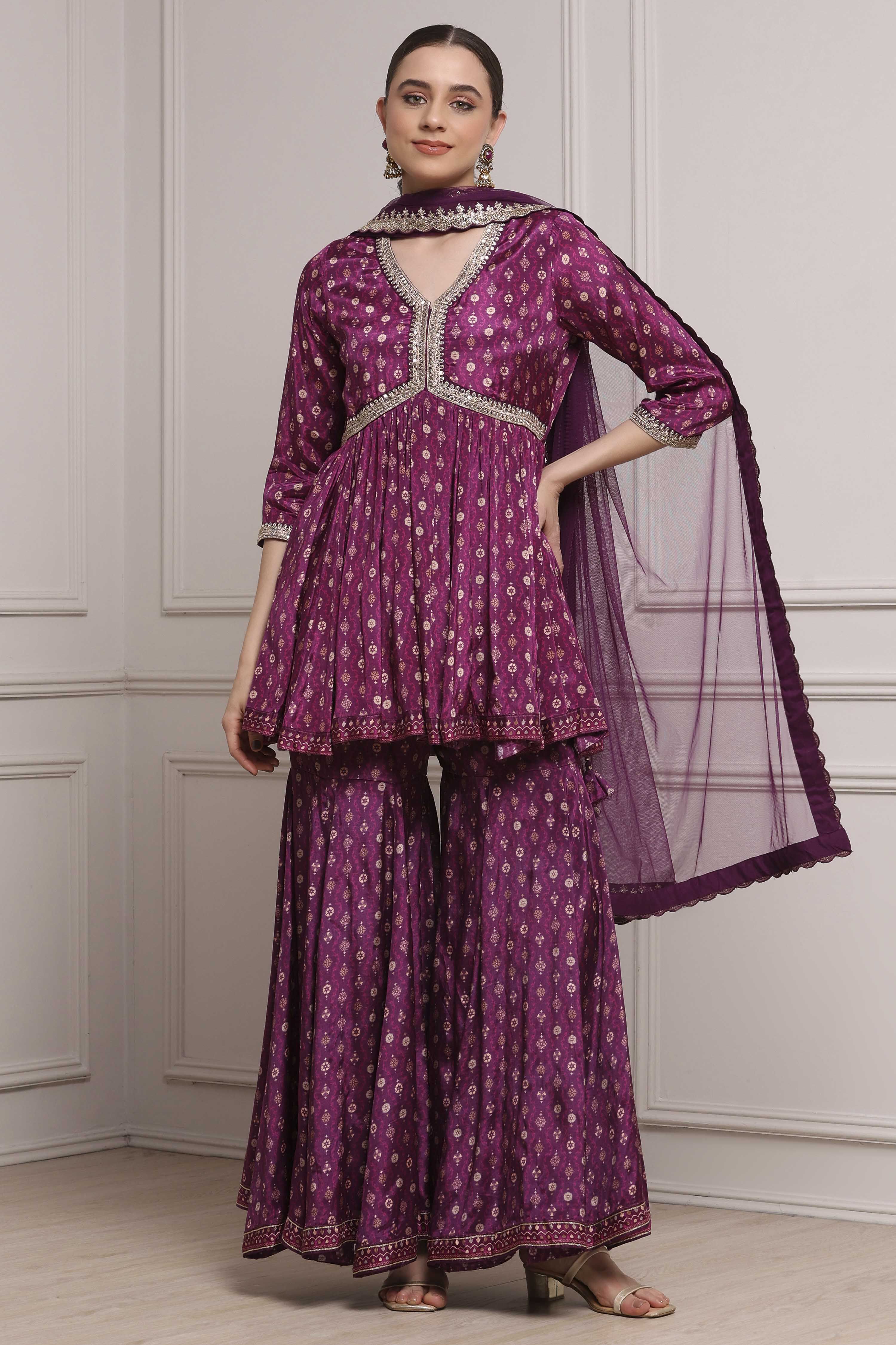 Purple Viscose Shantoon Printed Peplum Garara Suit Set image number 6