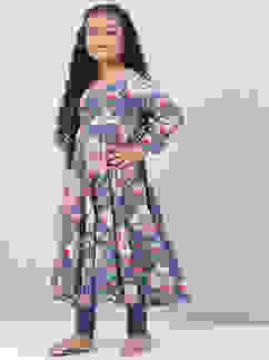 Marine Blue Cotton Flared Kurta Churidar Suit Set image number 1