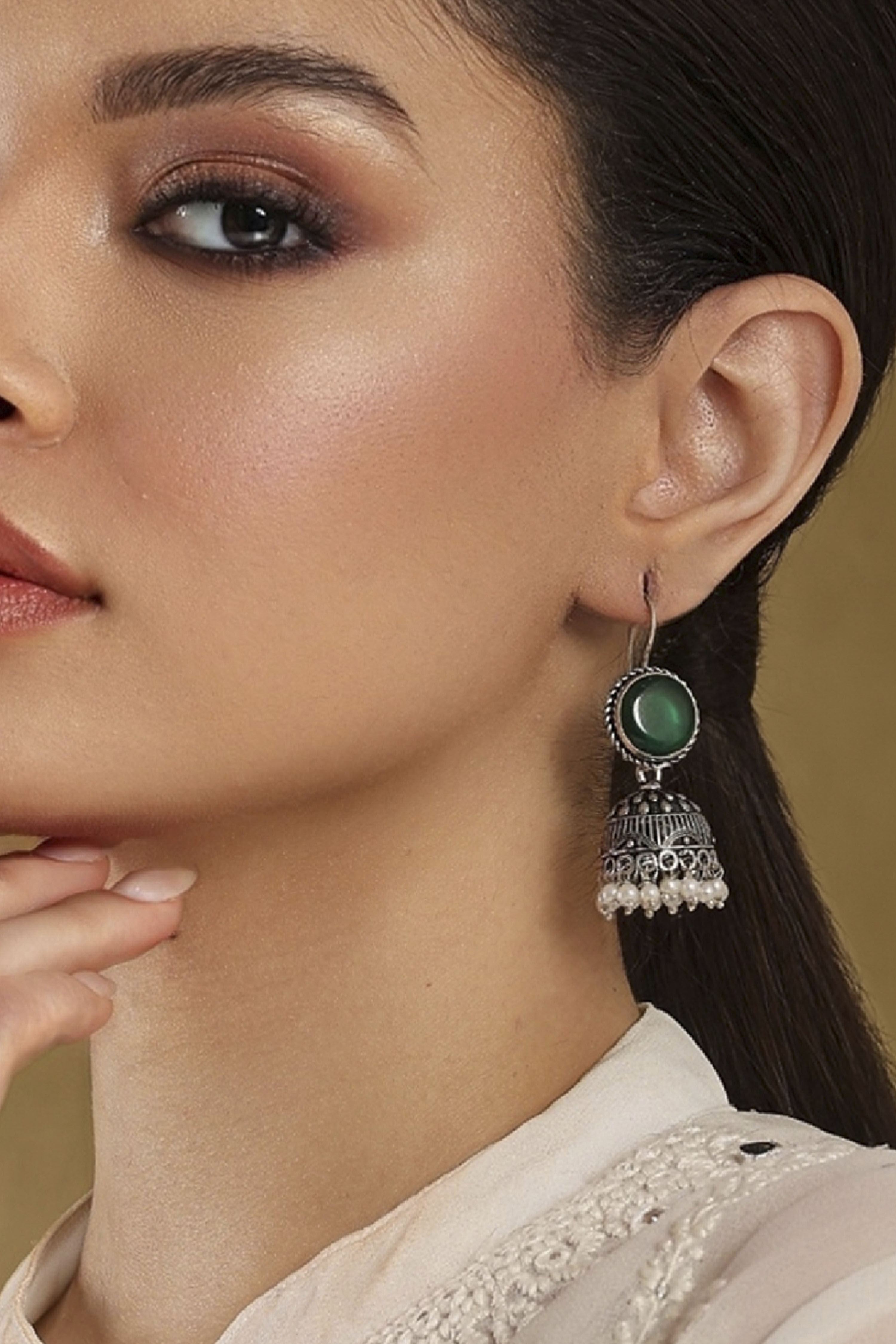 Green Stone Embellished Earrings image number 1
