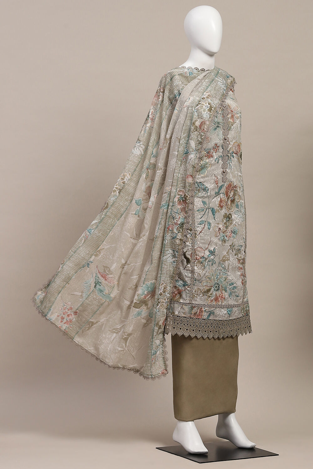 Brown Cotton Printed Unstitched Suit Set image number 4