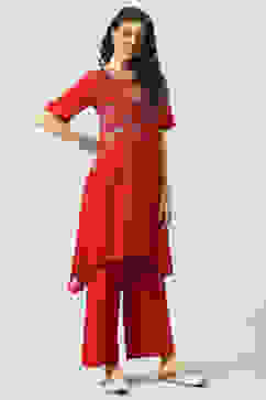 Red Printed LIVA Asymmetric Kurta Palazzo Suit Set image number 5