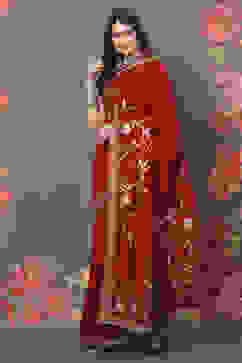 Rohit Bal Maroon Chanderi Silk Solid Saree With Blouse image number 3