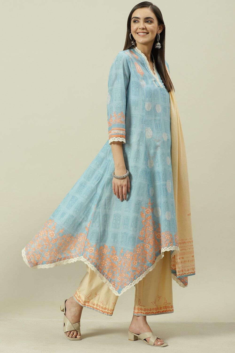 Pale Blue Cotton Kalidar Kurta Palazzo Suit Set image number 5