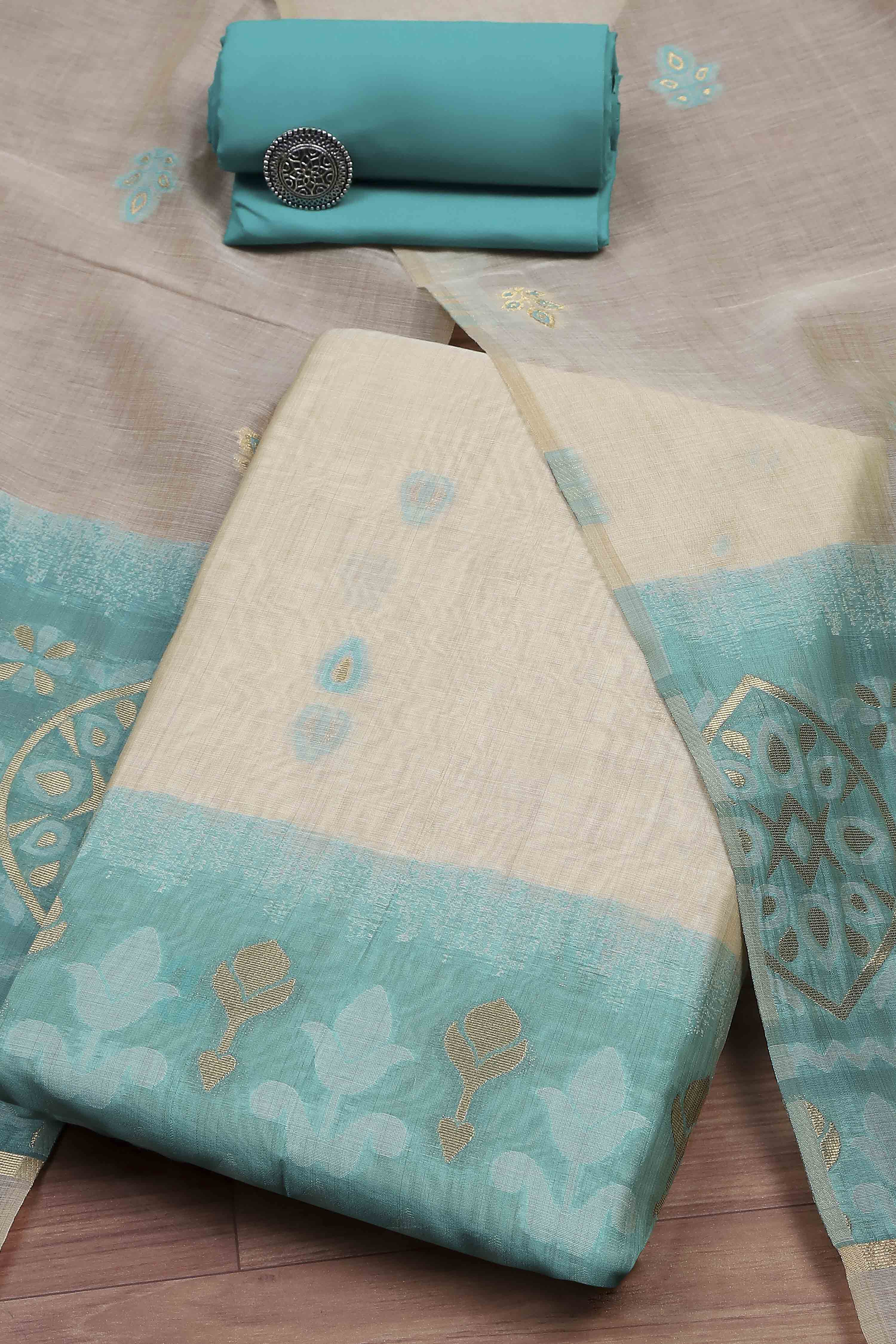 Blue Cotton Jamdani Unstitched Suit Set image number 0