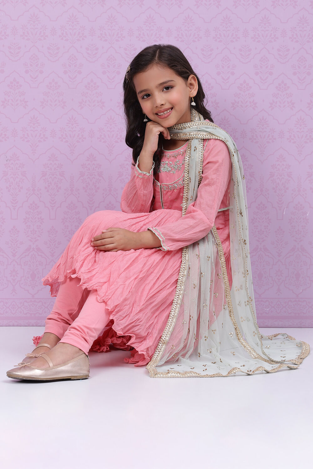 Onion Pink Cotton Anarkali Kurta Churidar Suit Set image number 7