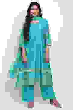 Green Straight Kurta Palazzo Suit Set image number 0