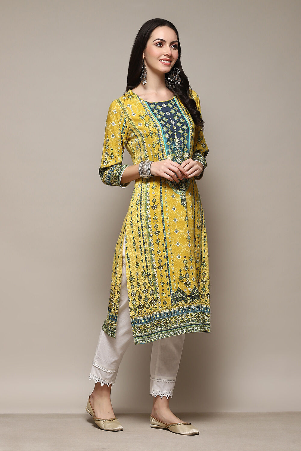 Yellow Printed Straight Kurta image number 3
