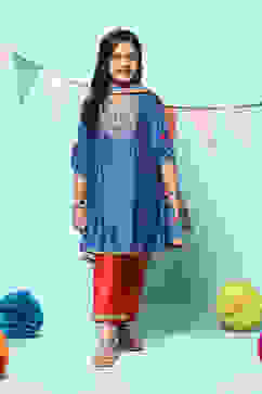 Blue Orange Poly Viscose A-Line Solid Suit Set image number 7