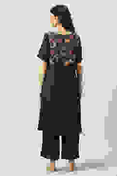 Black Printed Rayon Asymmetric Kurta Palazzo Suit Set image number 4